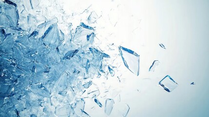 Close-up of clear shattered blue ice fragments spreading out against a light background evoking coldness and fragility