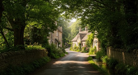 Obraz premium Sun-dappled lane through a timeless Cotswold village, framed by a lush green tree tunnel and stone cottages.