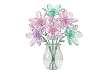 Obraz premium Translucent glass vase holding an arrangement of colorful, faceted flowers on a plain white backdrop