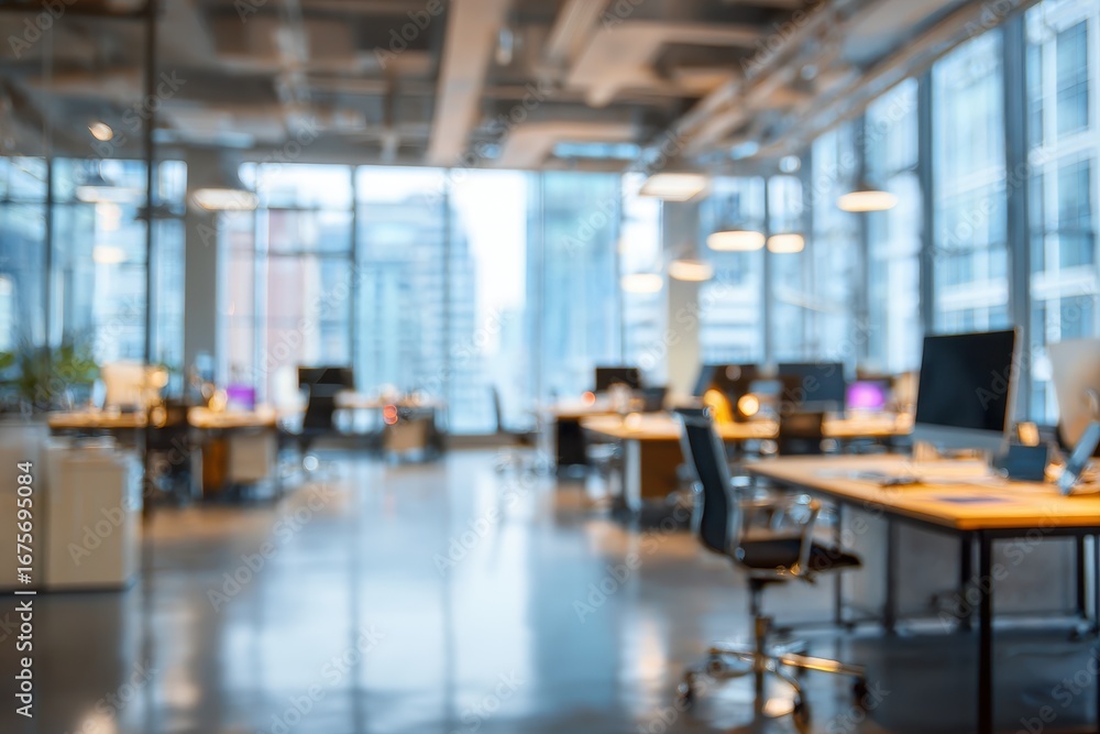 Poster modern office environment featuring a spacious layout with workstations and large windows letting in