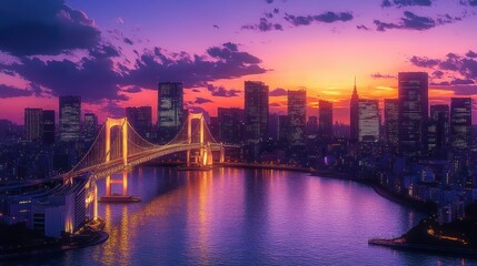 Vibrant city skyline at sunset with illuminated suspension bridge over calm water and colorful purple and orange sky
