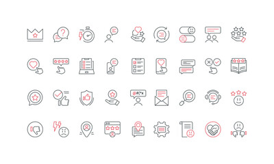 Feedback, customer experience, review and complaint, loyalty or disappointment line icon set. Testimony and best reputation, product approval thin black and red outline symbols vector illustration