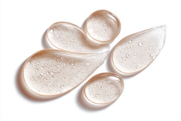 Creative arrangement of clear glycerin gel makeup primer droplets on a white background, showcasing the product's smooth texture and light-reflective qualities