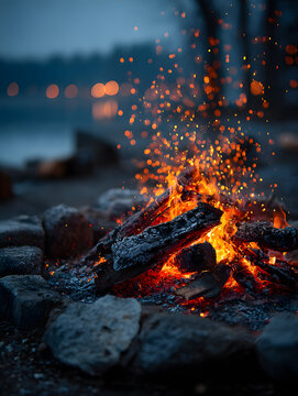 sparks soaring into the blue hour by a calm lakeside