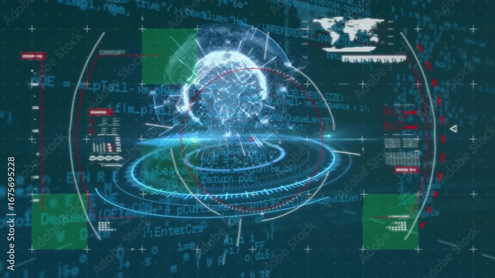 Aufkleber animation of globe and data processing over scope scanning