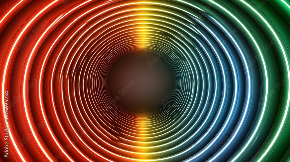 Poster the image showcases a concentric tunnel of neon lights, transitioning from red to yellow, blue, then
