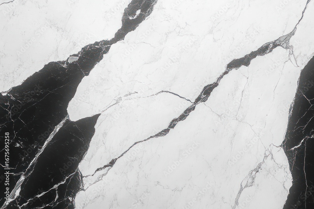 Poster close-up view of black and white marble surface with natural textured veining and cracks creating ab
