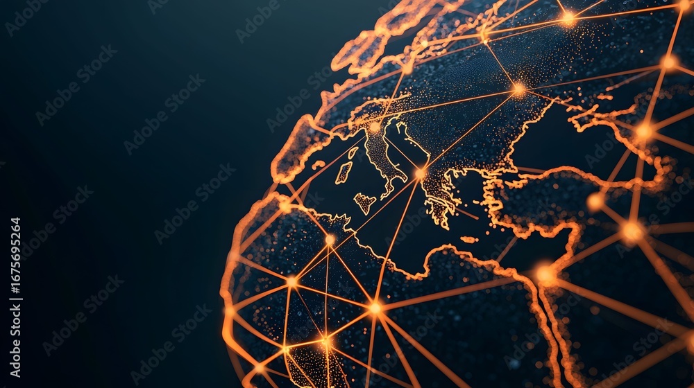 Poster the image shows a glowing depiction of earth, with glowing outlines of continents and interconnected
