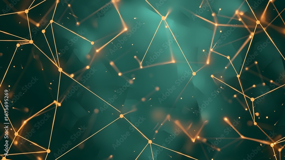 Aufkleber the image displays a network of interconnected golden lines and glowing nodes against a teal backgro