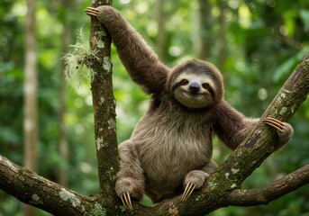 Fototapeta premium Happy sloth hanging on a tree branch in lush forest