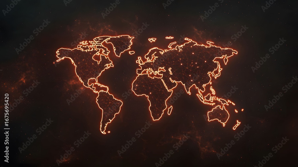 Aufkleber this image is a digital world map with glowing orange outlines and connected dots, set against a dar