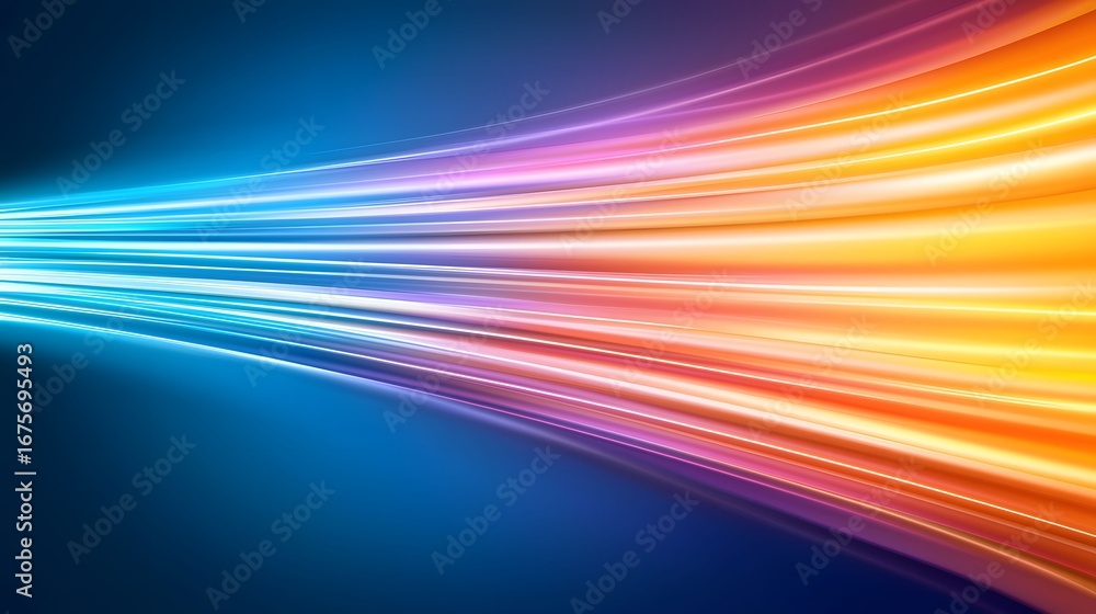 Poster the image shows an abstract display of parallel light trails shifting from a cool blue to bright ora