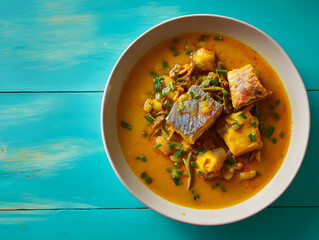 Top view of fish curry with potatoes and greens