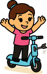 Happy cartoon girl riding a blue scooter with an arrow, celebrating achievement, aiming for success, or hitting a target.