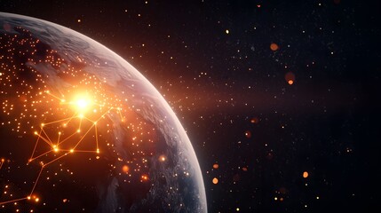 Obraz premium The image features a digital rendering of Earth with glowing interconnected network lines and bright spots, set against a backdrop of distant stars and bokeh.