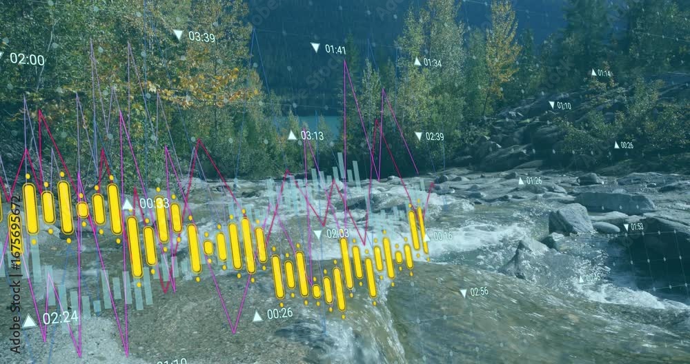 Poster animation of data processing over landscape