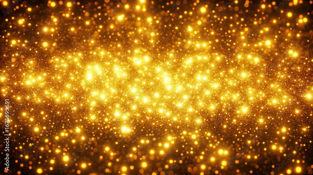 Poster close-up of countless glowing golden particles creating a sparkling and radiant effect with warm lig