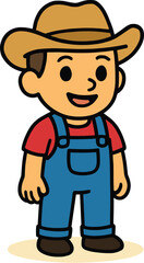 Happy cartoon farmer boy in overalls and a cowboy hat, representing agriculture, rural life, farm work, and country living, isolated on white.