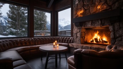 Cozy mountain lodge with fireplace and panoramic winter views