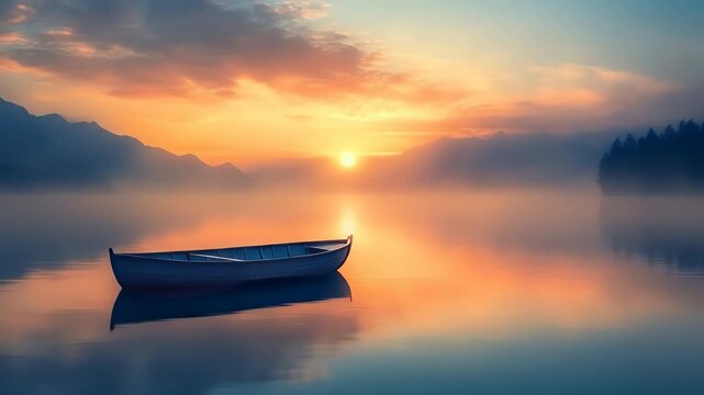 A solitary blue rowboat floats on a tranquil lake at sunrise with misty mountains and a forest in the background