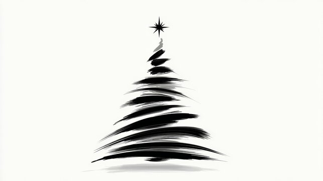 Abstract black and white illustration of a Christmas tree with swirling brush strokes and a star on top, creating a modern festive design suitable for holiday-themed projects and decorations