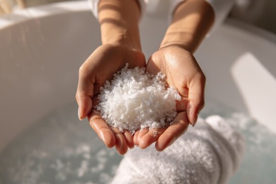 Woman holding white magnesium chloride flakes in hands near bath setting during daytime for relaxation and wellness - Powered by Adobe