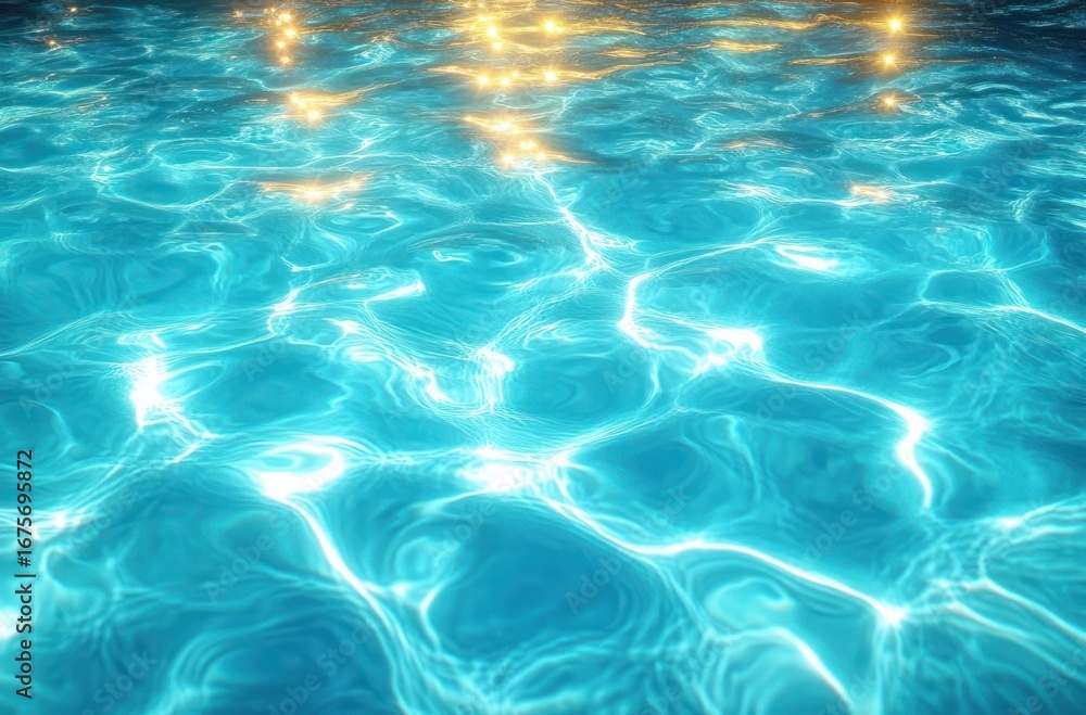Poster close-up of clear blue water surface with sunlight reflections creating shimmering patterns