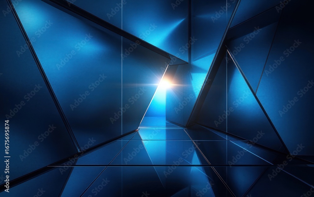Aufkleber futuristic blue illuminated abstract geometric corridor with reflective surfaces and bright light so