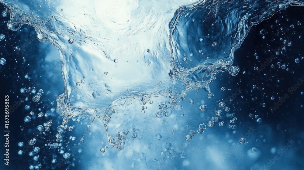 Poster close-up of clear water splashing and bubbling underwater with dynamic motion and light reflections