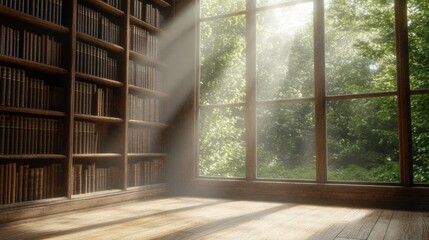 Serene library room with sunlight streaming through large windows illuminating wooden shelves