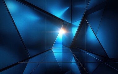futuristic blue illuminated abstract geometric corridor with reflective surfaces and bright light source at the end