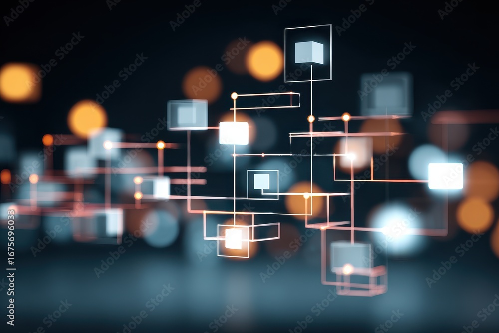 Poster abstract flowchart visualizes interconnected boxes with glowing elements presenting a dynamic design