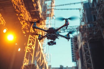 Fototapeta premium Black quadcopter drone with camera hovering in industrial construction site during sunset with warm light and metal scaffolding structures