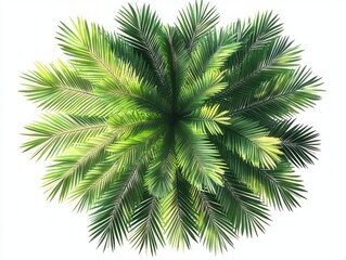 Fototapeta premium Top-down view of a lush green palm tree with vibrant, dense fronds radiating outward in varying shades of green