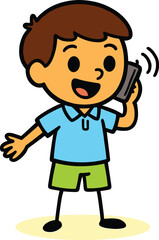 Happy cartoon boy with a big smile, holding a phone to his ear and talking, representing communication, conversation, and modern technology.
