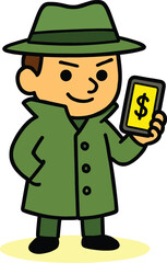 Shrewd cartoon detective or spy in a trench coat and fedora, holding a phone with a dollar sign, representing financial investigation, secrets, or illicit money.