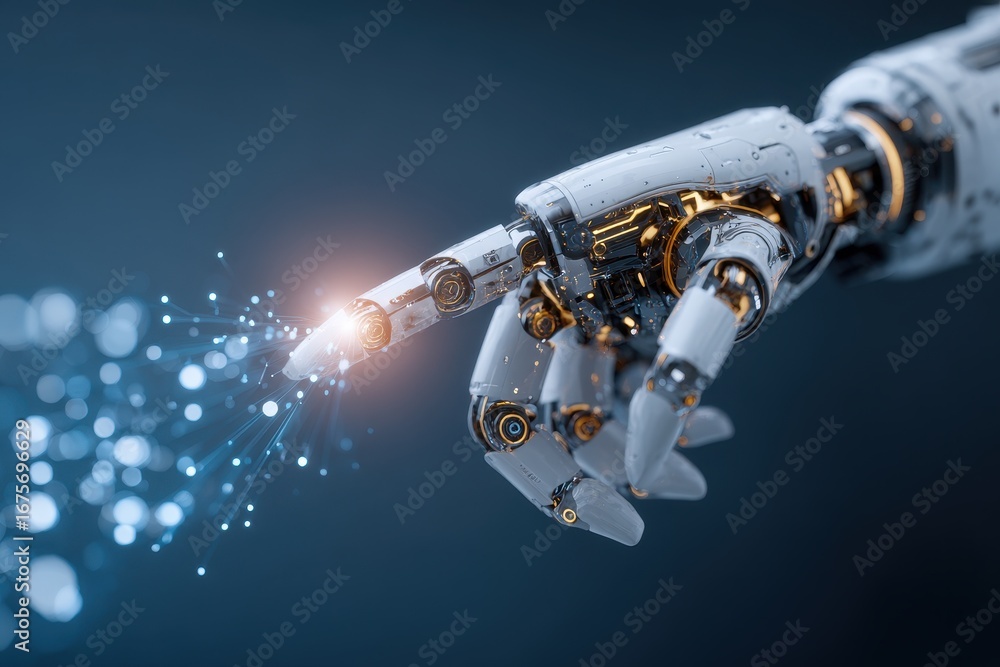 Poster robot hand interacting with virtual digital screen in a futuristic environment showcasing advanced t