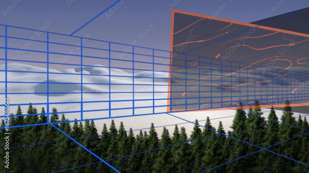 Poster animation grid pattern and abstract pattern in square over trees and snow covered mountains