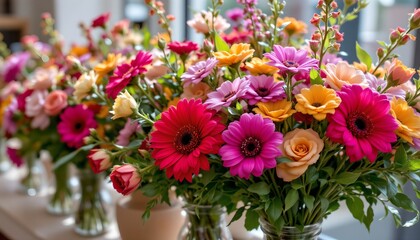 Colorful Flower Bouquet with Luminous Garden Vases