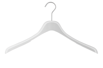 White plastic clothes hanger with notches designed for easy organization and storage of garments in a closet or wardrobe setting