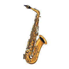 Fototapeta premium A golden saxophone, angled against a stark black backdrop, showcasing intricate details.