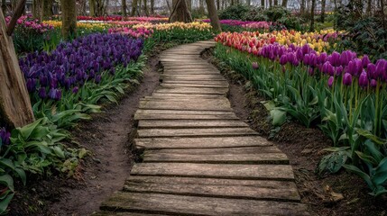 Obraz premium Serene Garden Pathway Surrounded by Colorful Tulips in Bloom on a Bright Spring Day