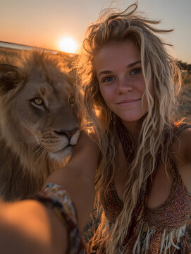 young woman takes a sunset selfie beside a calm lion on the savanna