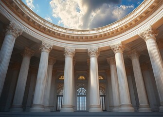 Obraz premium Classical circular colonnade with tall Corinthian columns under a dramatic cloudy sky