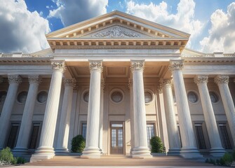 Obraz premium Grand neoclassical building with tall ornate columns and a triangular pediment against a partly cloudy sky