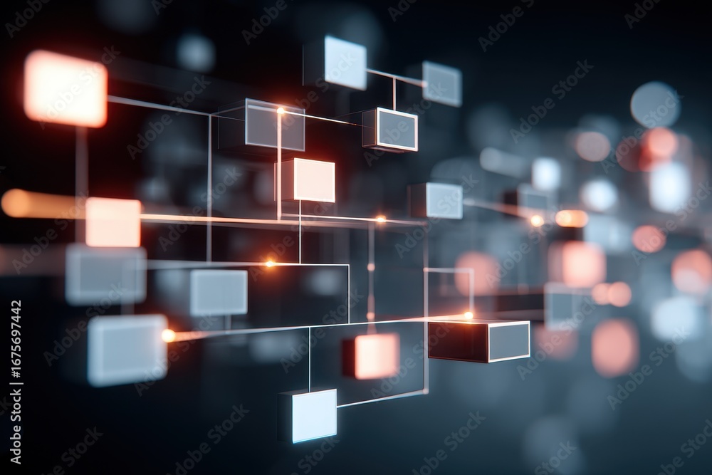 Poster abstract flowchart of interconnected boxes illustrating dynamic connections and pathways in digital 
