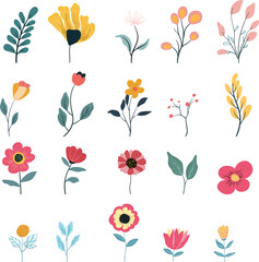 Hand Drawn Floral and Leaf Illustrations Set. Collection of colorful hand drawn flowers and leaves in flat vector style. Perfect for decoration, invitations, greeting cards, posters and digital design