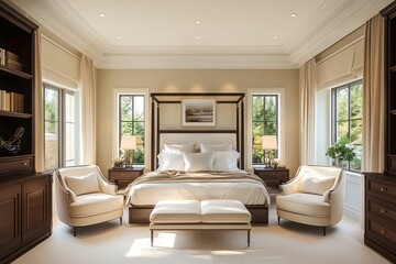 Fototapeta premium Bright and elegant bedroom with a large bed, two armchairs, ottoman, wooden furniture, large windows with scenic outdoor views, and soft ambient lighting