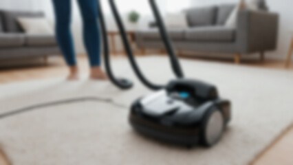 Blurry photo of a vacuum cleaner being used to clean the living room floor, blurry wallpaper.