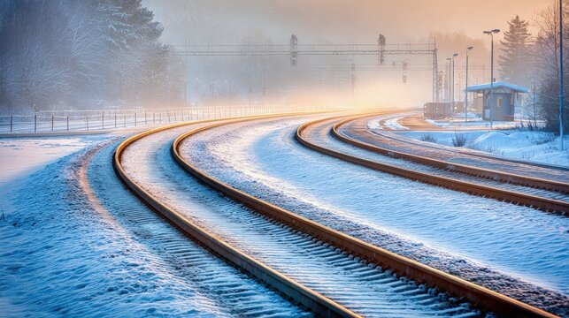 Snowy Train Tracks At Sunrise